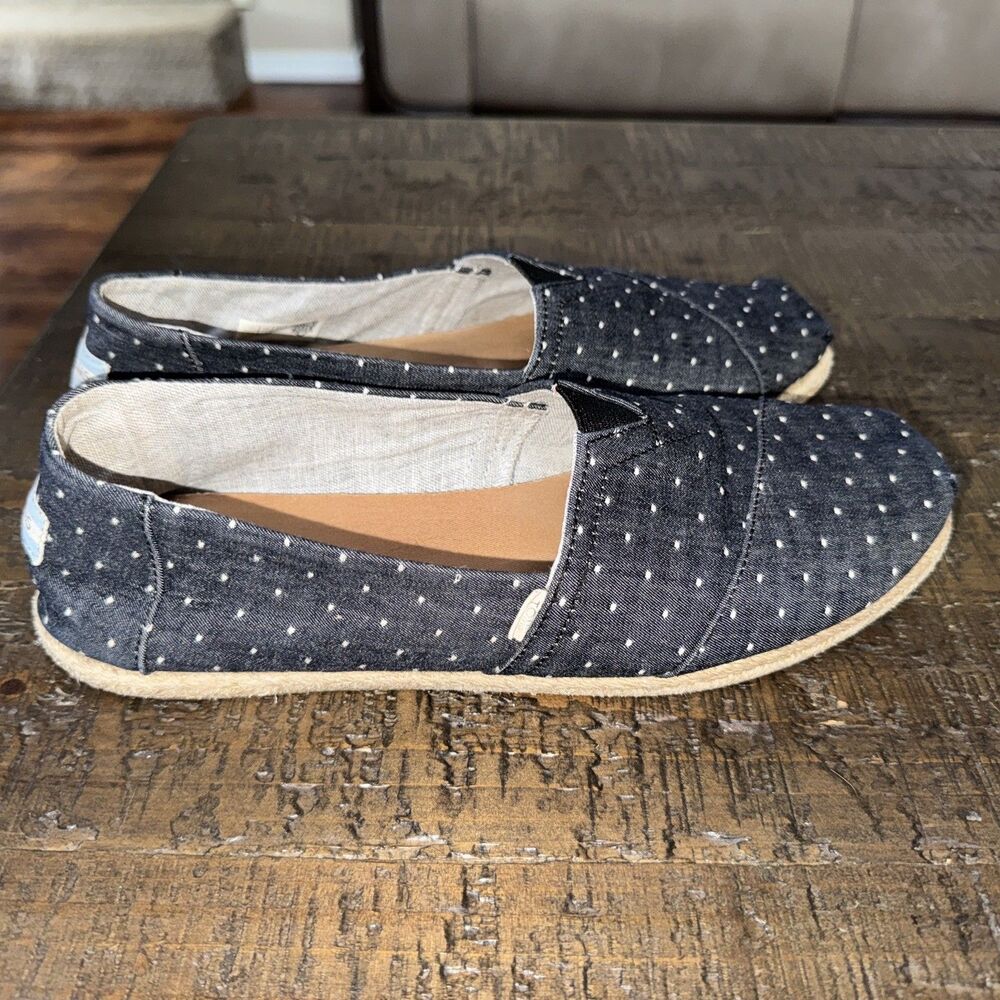 Toms Denim Blue Polka dot Shoes Women’s 9.5 Slip on Espadrilla Casual